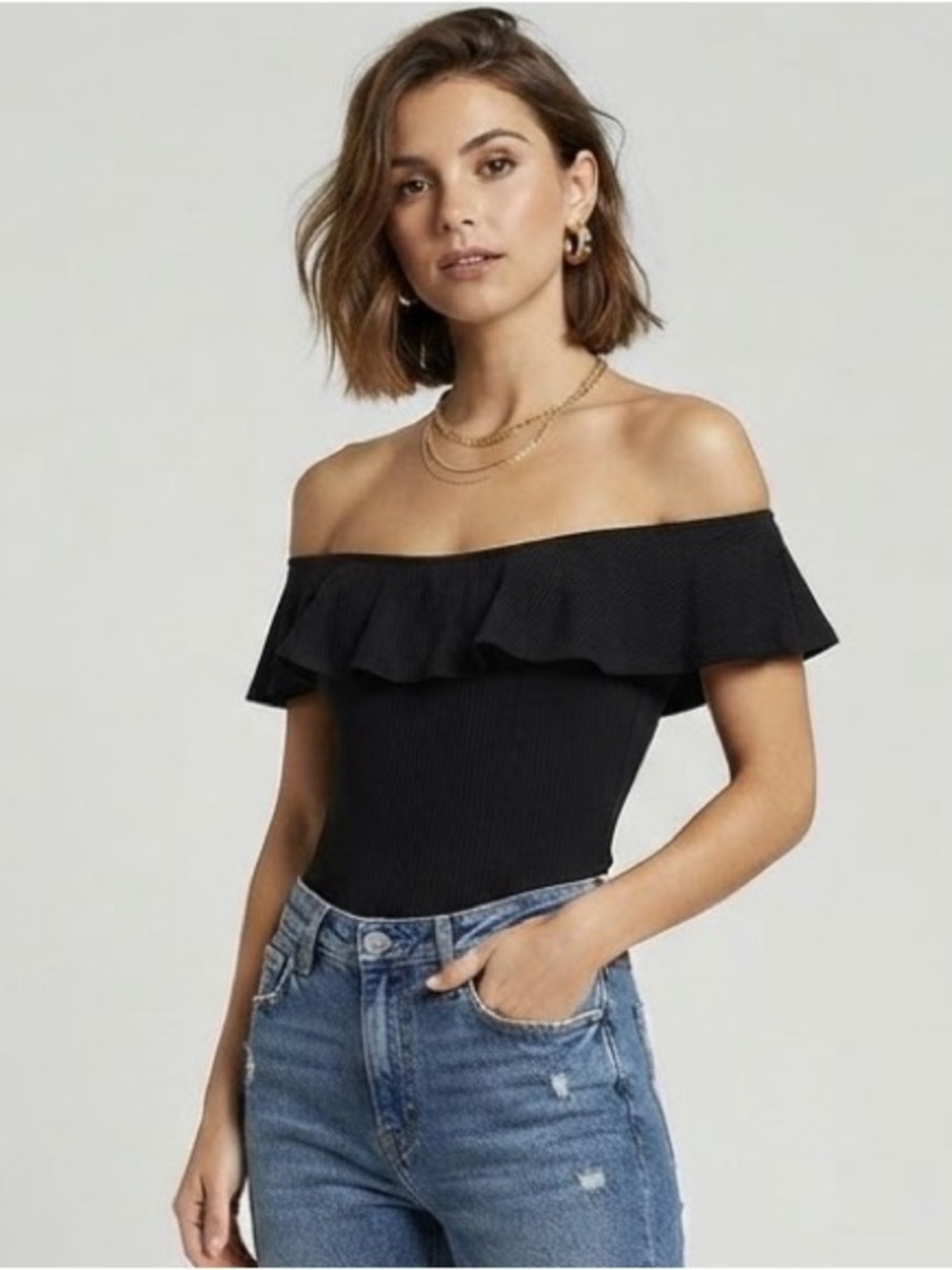 Express Chic Ribbed Ruffle Off the Shoulder Bodysuit size Medium